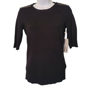 Worthington S Black Ribbed Knit Sweater Faux Leather Shoulder Detail